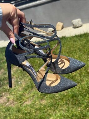 Jimmy Choo Black Glitter Strappy Pointed-Toe Heels